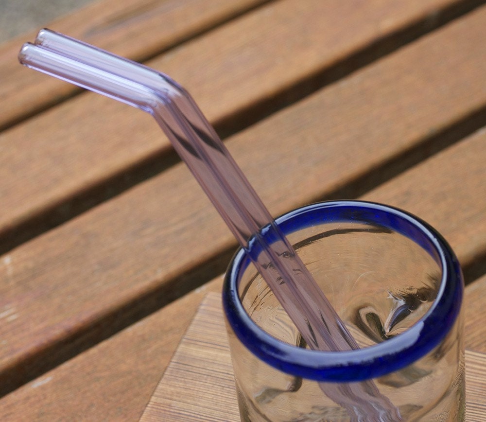Two Lavender Bended Glass Straws, Lifetime Guarantee.