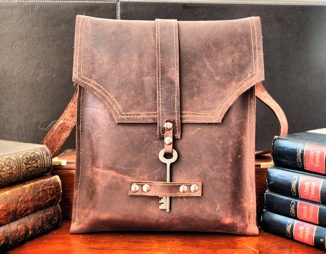 Leather Messenger Bag with Skeleton Key Antique Hardware