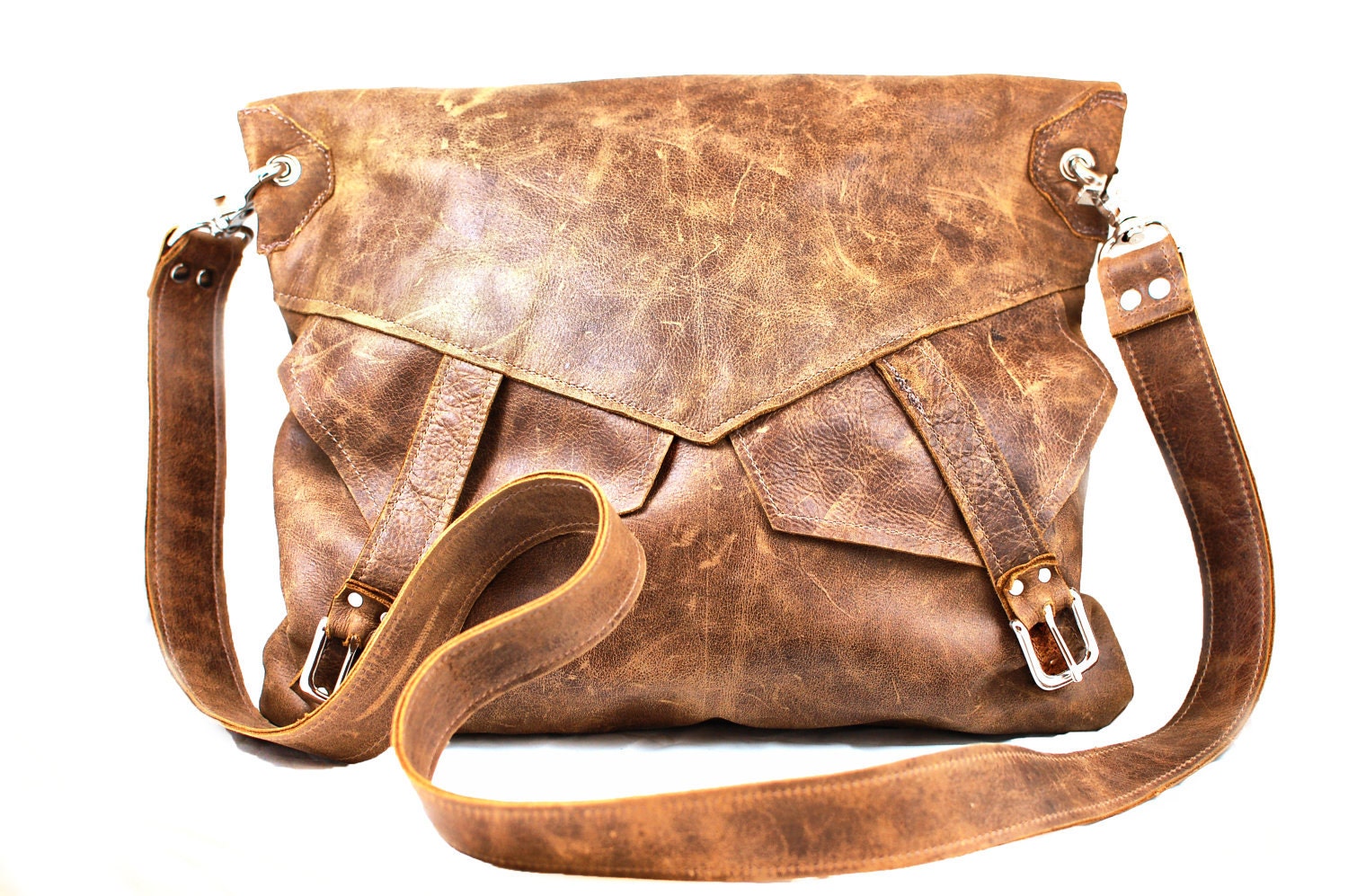Large Slouch Leather Messenger Bag - Hipster Fold-over Hobo Bag Distressed Brown Leather Purse