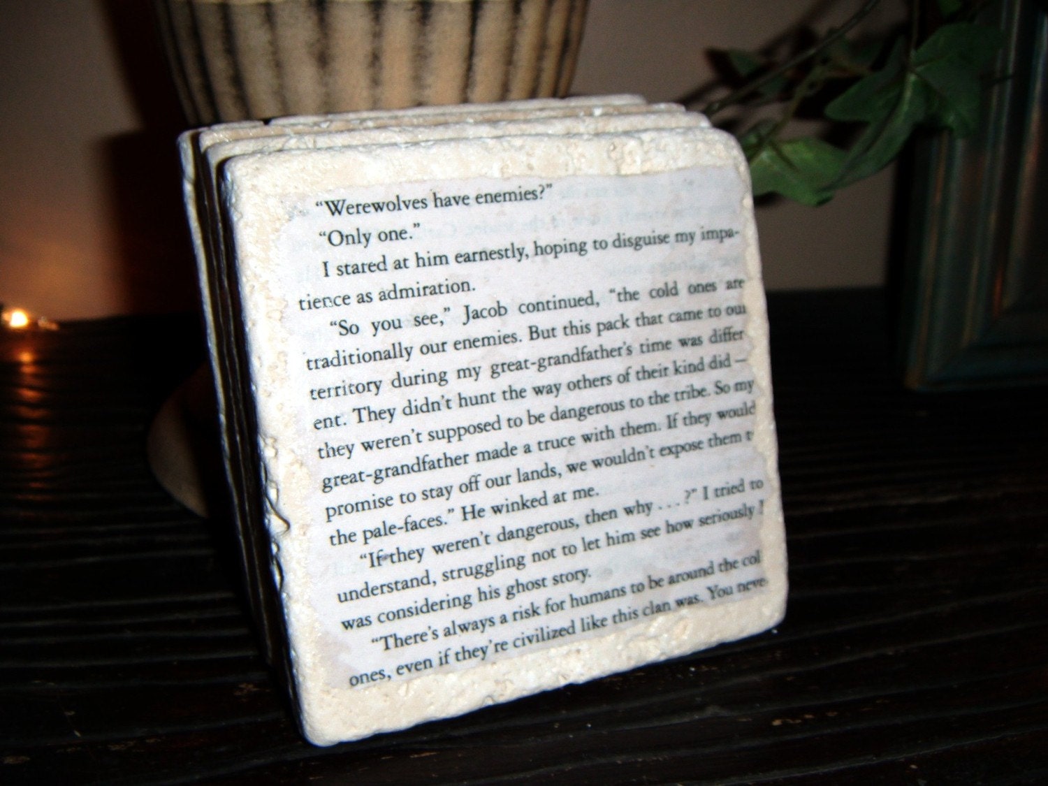 TWILIGHT, Bella, Jacob, Edward, Coaster Set, Tumbled Turkish Travertine - Unique, Made from actual book pages - Bibliophile Book Lovers