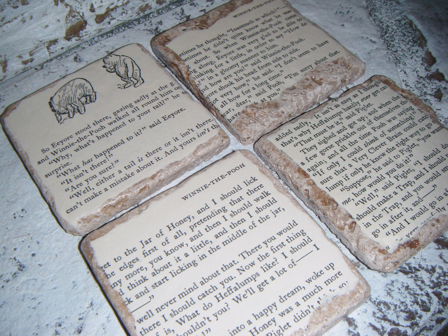 WINNIE THE POOH Coaster Set - Turkish Travertine Stone - Made from actual vintage book pages