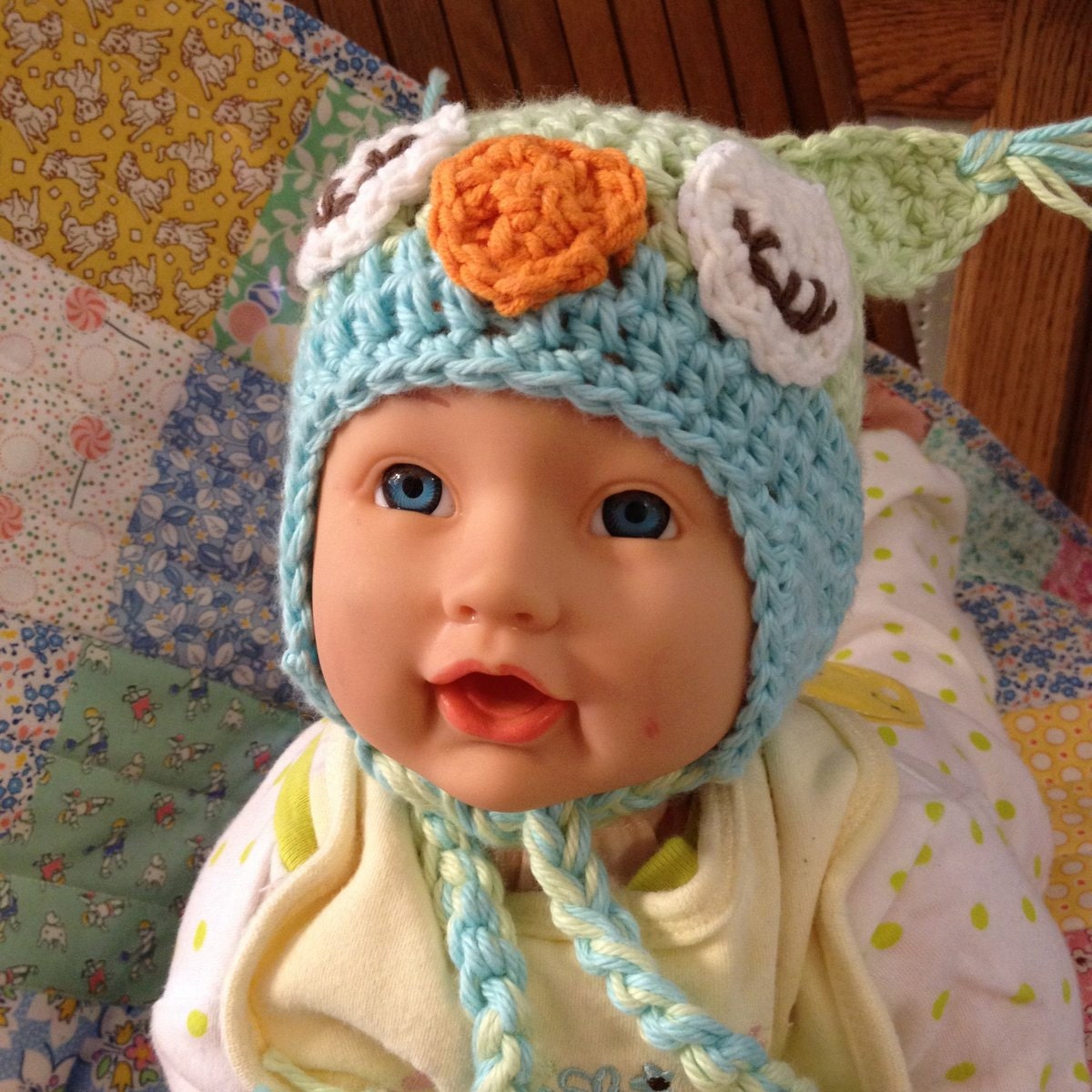 Baby Boy Owl Hat, Soft Cotton Green and Blue Earflap Hat, Made to ORDER