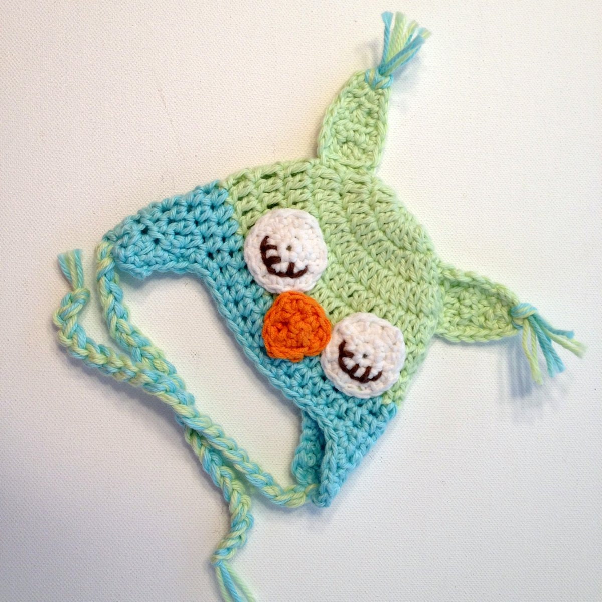 Baby Boy Owl Hat, Soft Cotton Green and Blue Earflap Hat, Made to ORDER