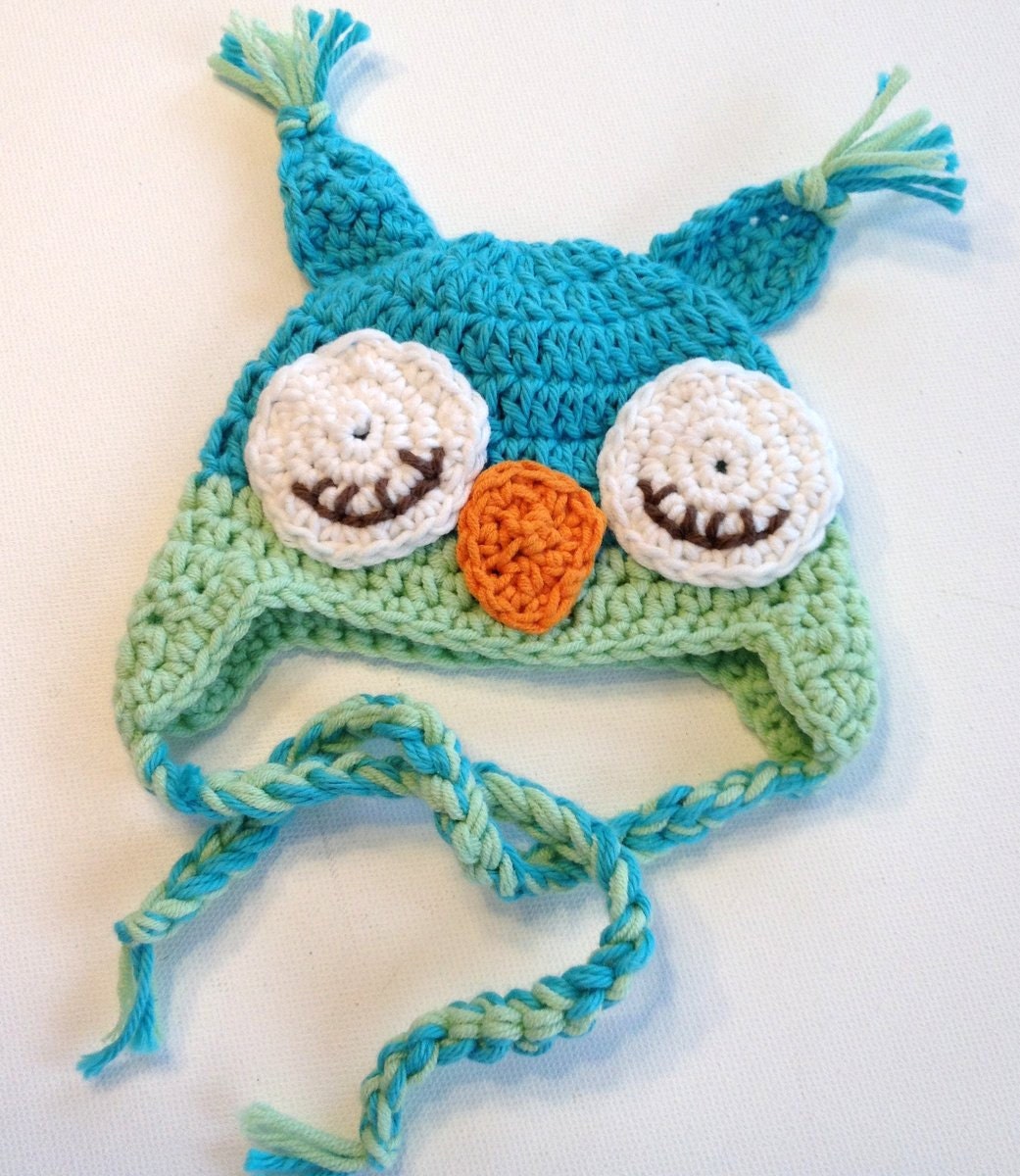 Teal and Green Owl Hat, COTTON Sleepy Owl Hat ANY size
