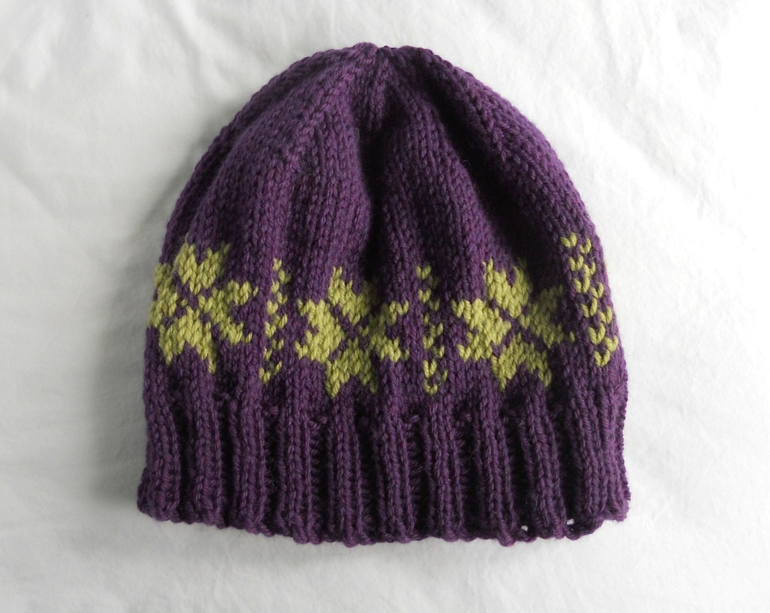 Women's Wool Hat with Fair Isle style pattern - Purple and spring green