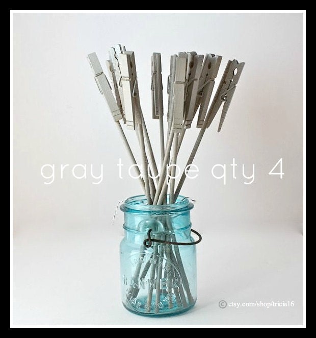 Table Number Holder, Clothes Pin on a Stick, gray taupe, set of 4, use for place name card, photo, memo, menu, notes, wedding home or office