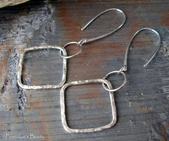 Urban sterling silver dangle earrings.  Rustic hammered large shiny squares.  Quality. 3 inches long.  Modern chic jewelry. Texture.