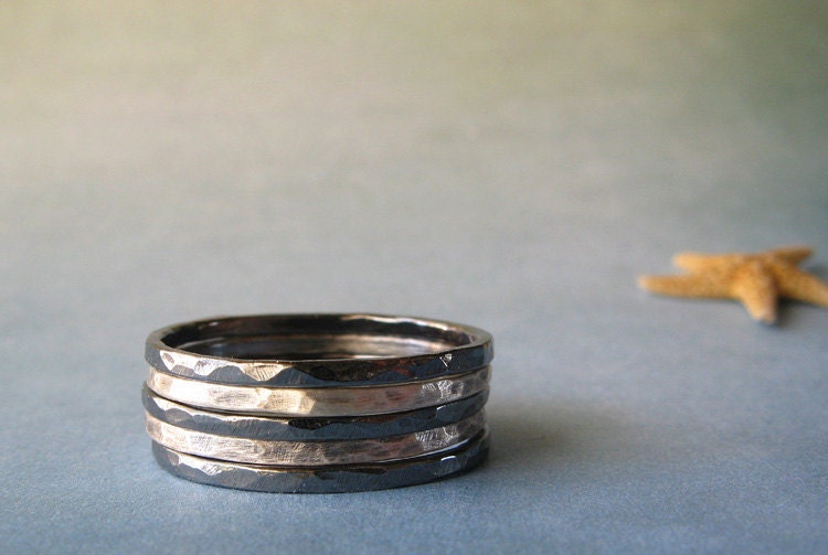 Set of 5 urban sterling silver oxidized and brushed stacking rings.  Simple everyday jewelry.  Modern hammered texture.  Made to order.