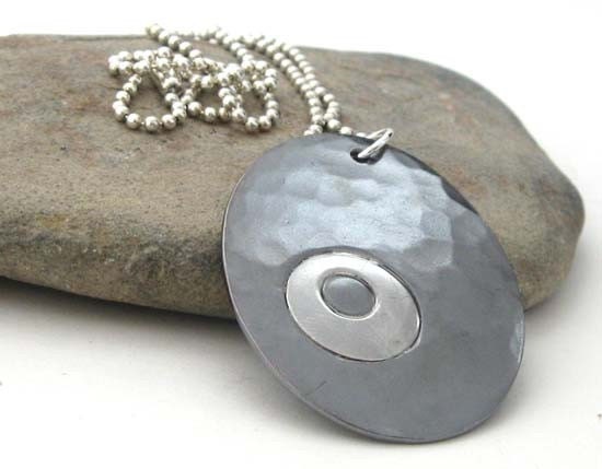 Large copper and sterling silver pendant necklace. Rustic artisan handmade jewelry.  Organic hammered oval. Oxidized.  Breathing Thunder...
