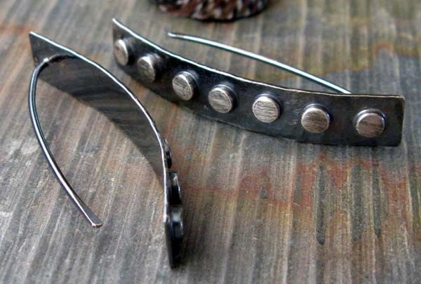 Modern chic skinny earrings. Artisan handmade rustic slim oxidized & brushed studded sterling silver urban jewelry. Walk the Line.