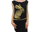 Jackalope tshirt  dress - eco friendly gold ink screenprint on black cotton - womens sizes S, M, L - ethical vegan fashion