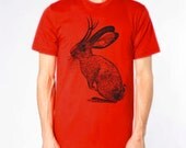 Jackalope tshirt - eco-friendly screenprint on red short sleeve cotton American Apparel crew neck tee - mens sizes XS, S, M, L, XL