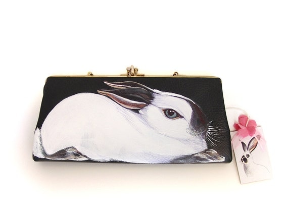 Christmas in July Sale - California Rabbit handpainted vintage clutch - OOAK by NYhop - faux black patterned leather with gold trims