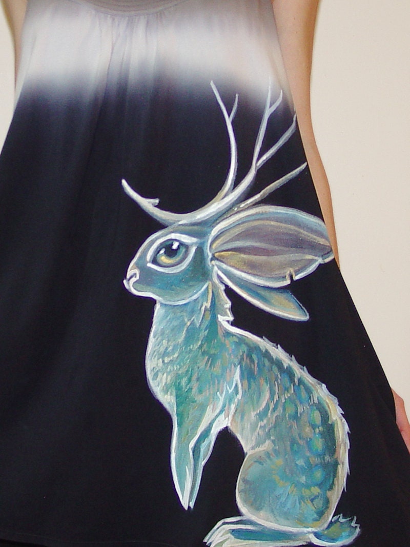 SALE - Blue Jackalope dress - handpainted, one of a kind by NYhop - size US 8 (Medium) cotton tie dye colorfade babydoll tent