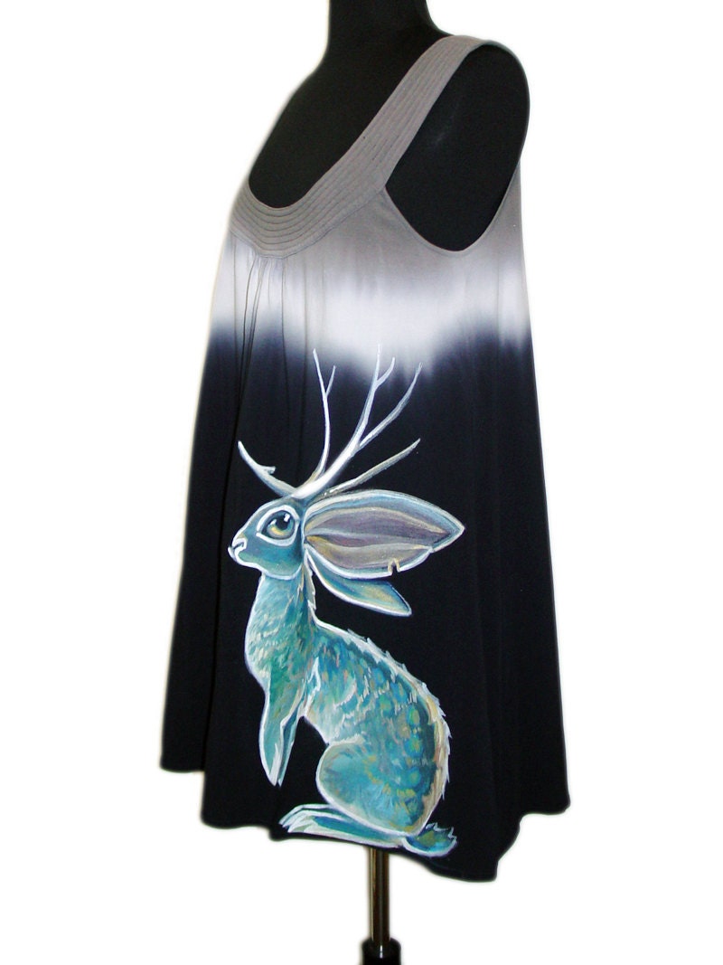 SALE - Blue Jackalope dress - handpainted, one of a kind by NYhop - size US 8 (Medium) cotton tie dye colorfade babydoll tent