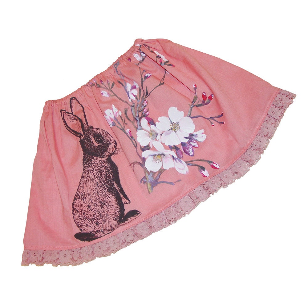 NEW - Bunny and Cherry Blossoms skirt - vintage peach pink cotton with lace - toddler girls size 3 to 8 years