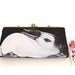 Christmas in July Sale - California Rabbit handpainted vintage clutch - OOAK by NYhop - faux black patterned leather with gold trims