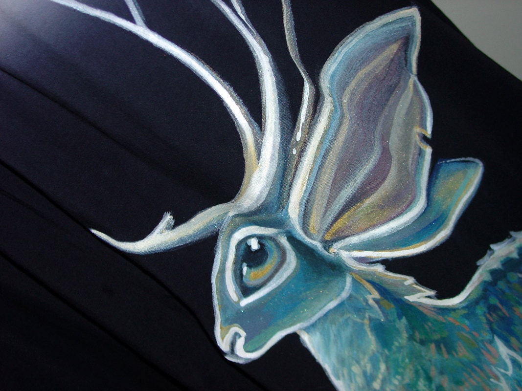 SALE - Blue Jackalope dress - handpainted, one of a kind by NYhop - size US 8 (Medium) cotton tie dye colorfade babydoll tent