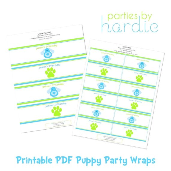 Puppy Party Water Bottle Labels & Napkin Wraps-Printable PDF file PERSONALIZED Il_570xn