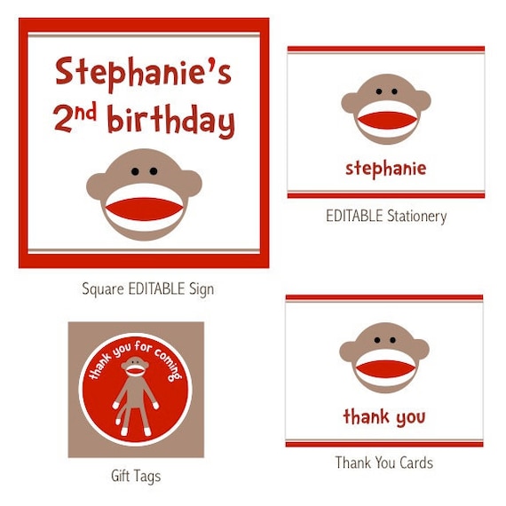 Sock Monkey Birthday Party-Printable PDF File with EDITABLE TEXT Il_570xn