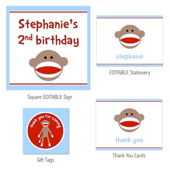 Sock Monkey Party-Printable PDF File with EDITABLE TEXT Il_570xn