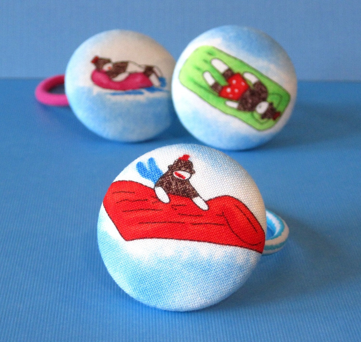 Sock Monkey at the Pool ponytail holder red