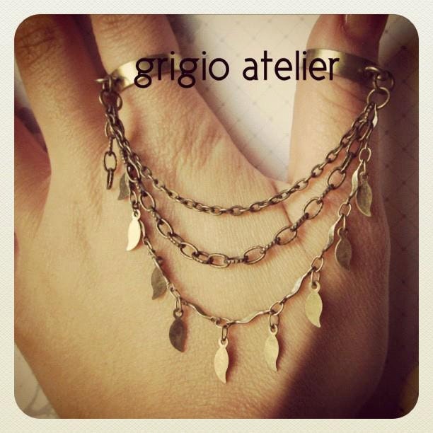 HELLENIC - double 2 finger chain rings - Soldered Leaves Charms - antique bronze