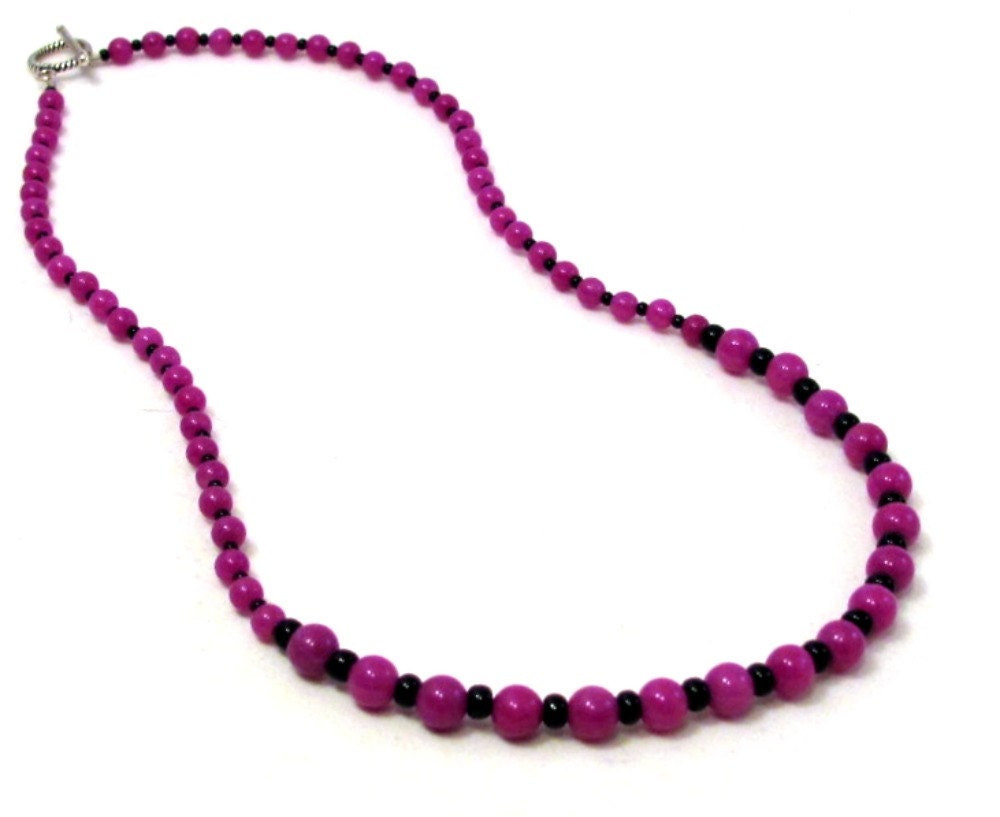 SALE - Fuchsia Candy Jade & Black Czech Glass Necklace