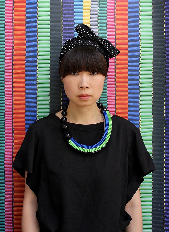 The Celeste asymmetrical woven beaded necklace in spring green / blue