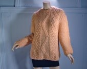 Vintage Peach Cable Sweater- 1960's Fuzzy Beatnik Pullover- Chevron Zig Zag- Wool