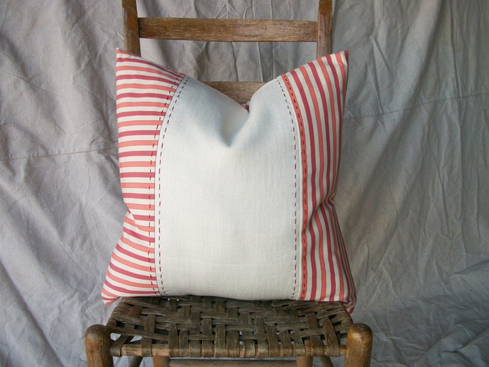 Cotton and Linen Designer Decorative Pillow Cover Orange Fuschia Ivory Stripe Hand Top Stitched 19" Square