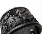 Black Wild Rose Floral Leather Cuff- Small