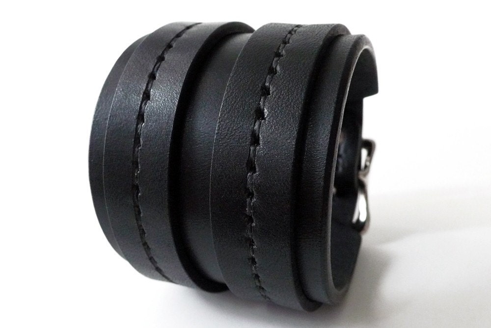 Black on Black Double Strap Saddle Stitch Cuff
