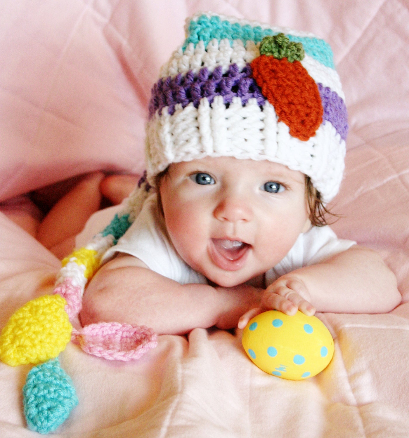 Long Tail Easter Pastels Elf Hat and Basket with Easter Eggs and Carrot - Newborn, 3-6, 6-12, Toddler- Great Photo Prop - Made to Order