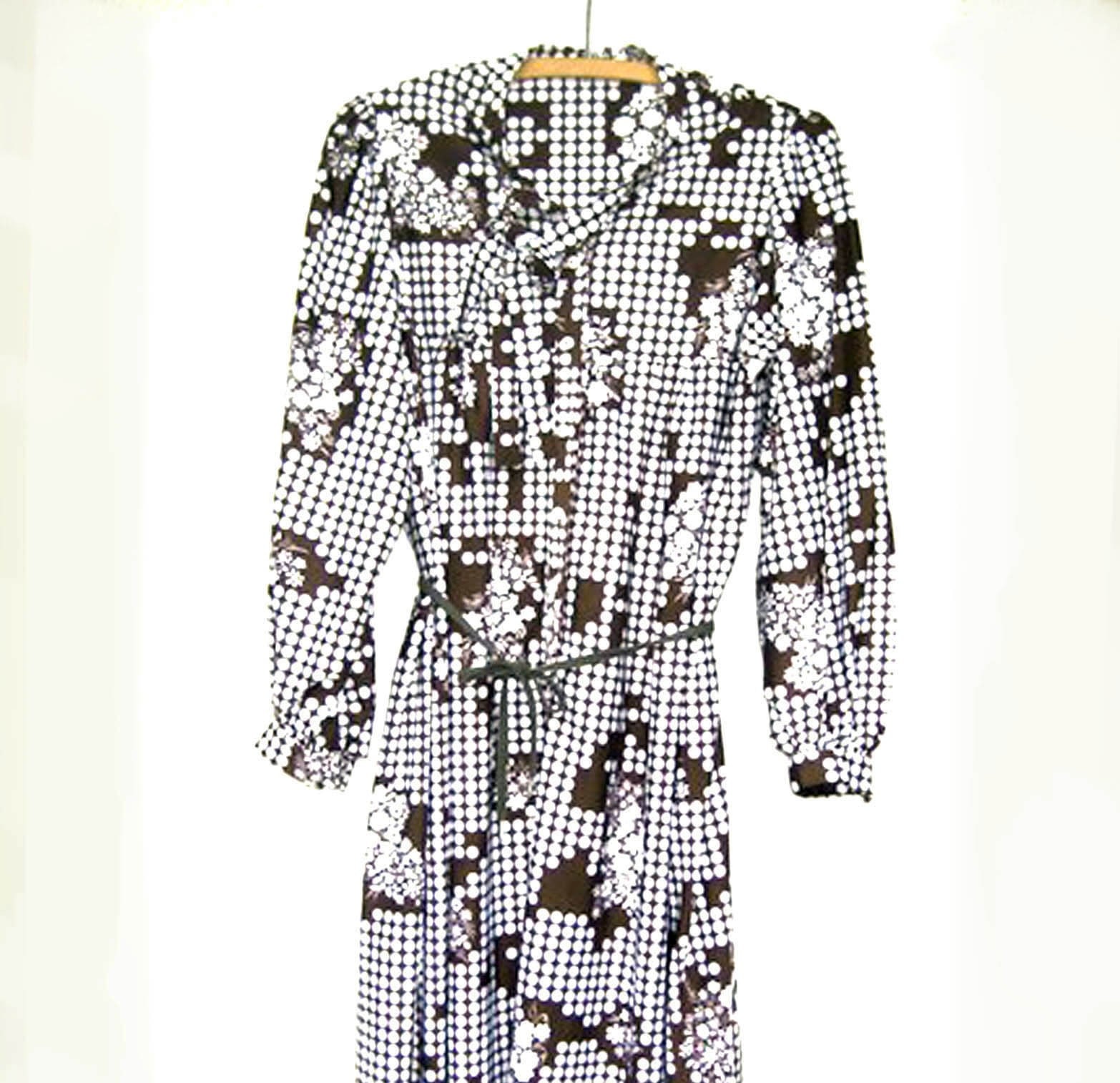 70s Vintage Dress polka dots, Chocolate Brown and White size Med Lg