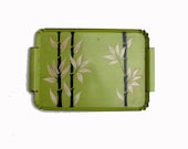 50s Serving Tray Lime Green Bamboo Motif Metal .. Heavier than Most