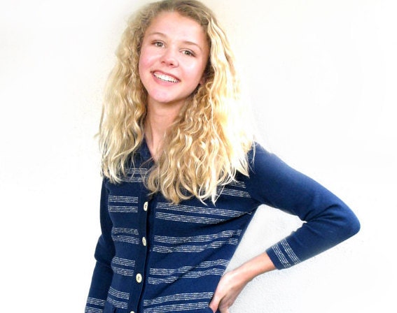 70s Vintage Wool Cardigan Sweater Navy Stripes Longer Length Vintage 10