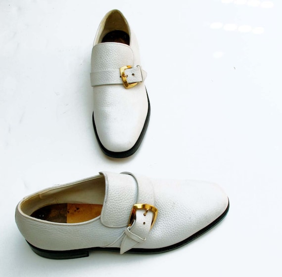 70s Men's White Leather Loafers Gold Buckle Shoes 9 C
