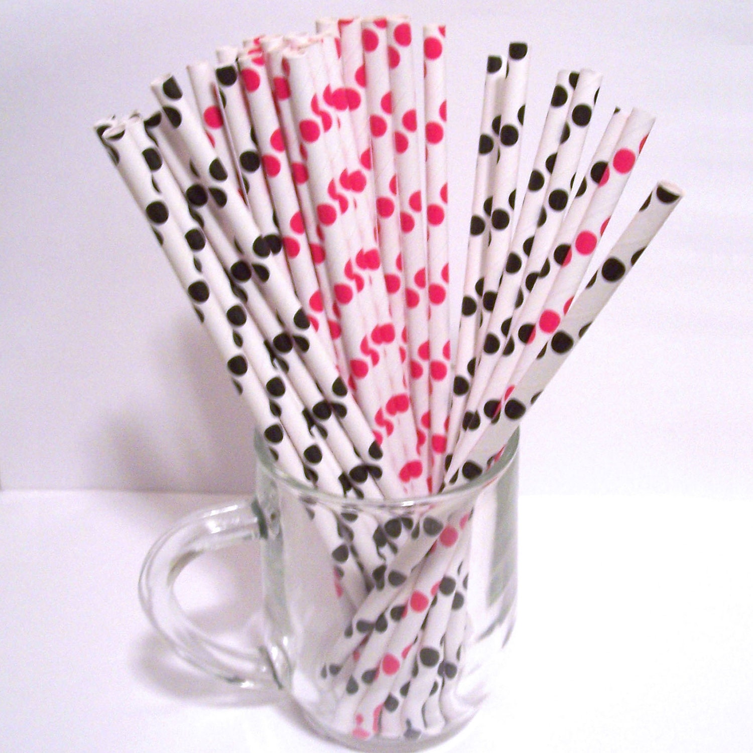 30 Hot Pink and Black Dot Paper Straws with DIY Flag