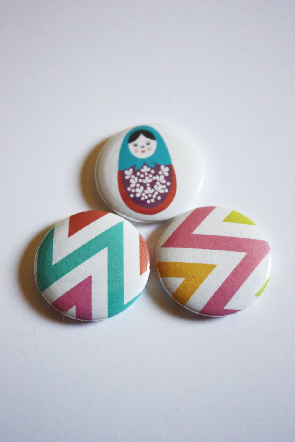 Set of 3 Chevron and matryoshka doll Button pin 1 inch