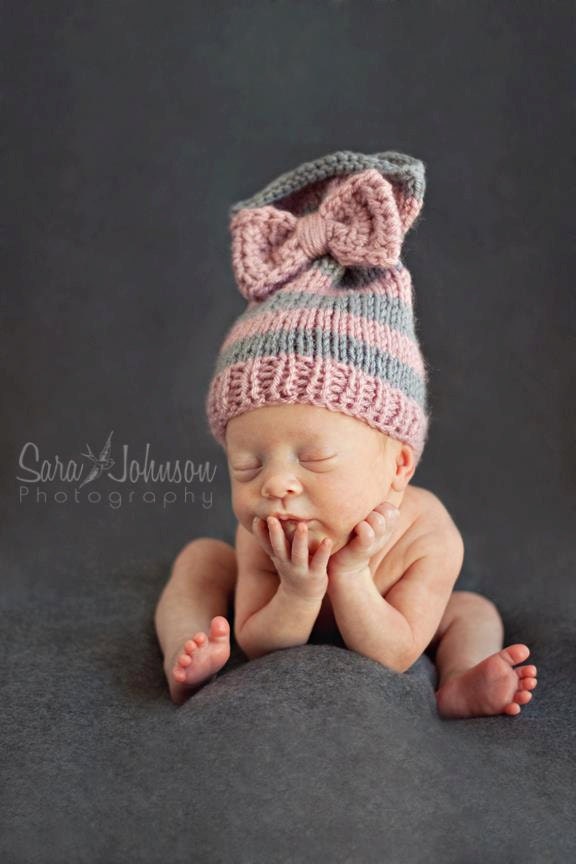 Baby Girl Bow Tied Hat, Newborn Photo Prop, light rose, light gray