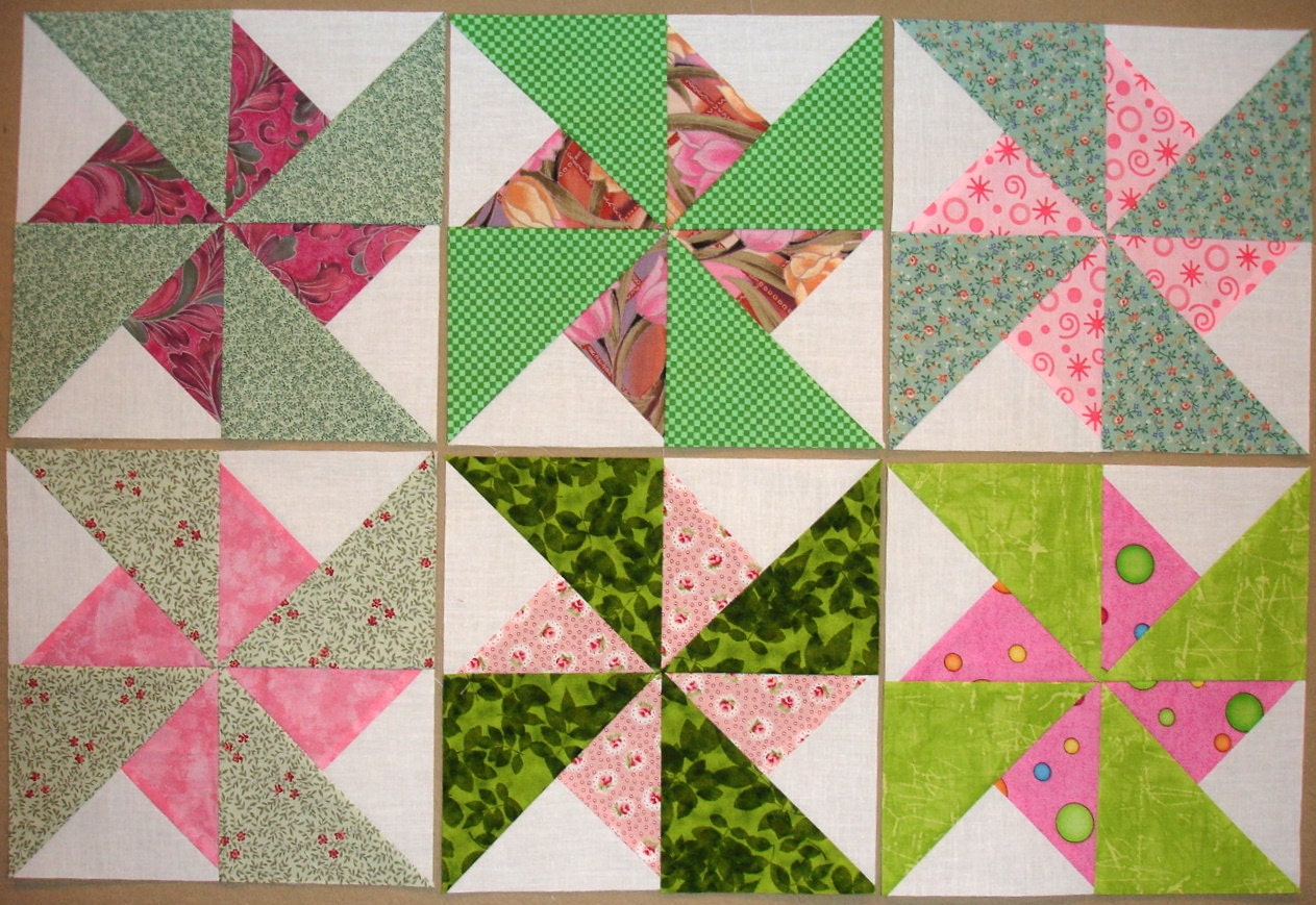 Double Pinwheel Quilt Blocks Pink and Green by zizzybob on Etsy