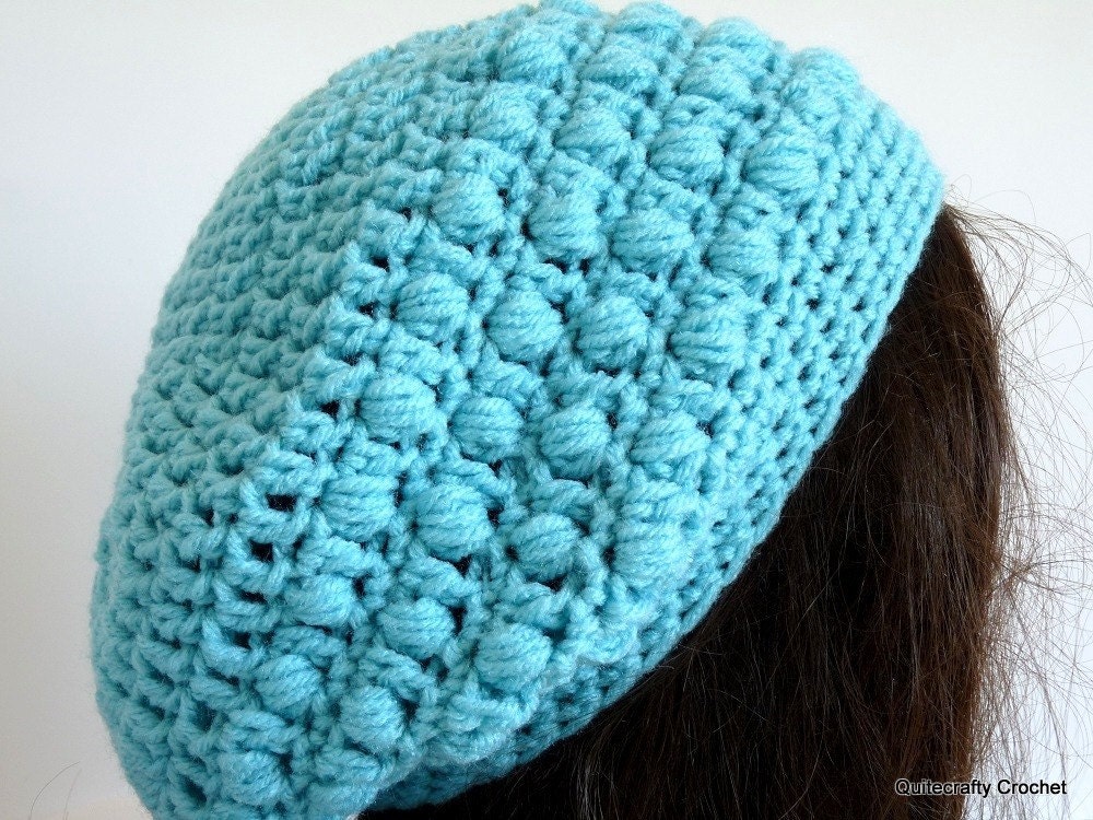 Crochet Slouchy Hat, Teal, Green/Blue, Aquamarine, Tam, Beret, Knit