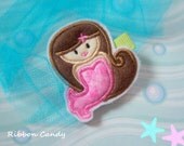 Mermaid Felt Hair Clip - Embroidered - Brunette Mermaid with Pink Tail Hair Clip - non slip