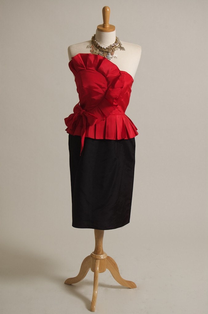 black peplum dress on Vintage 80 S Red And Black Peplum Dress By Noladarlingvintage