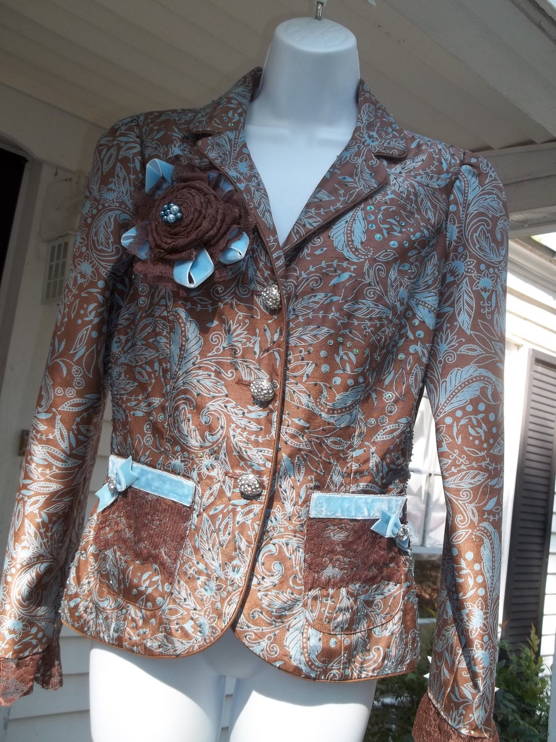 Upcycled Jacket Blazer Aqua Brown Victor Costa Refashioned Embellished Rhinestone Buttons Velvet Lace Sz 6 8