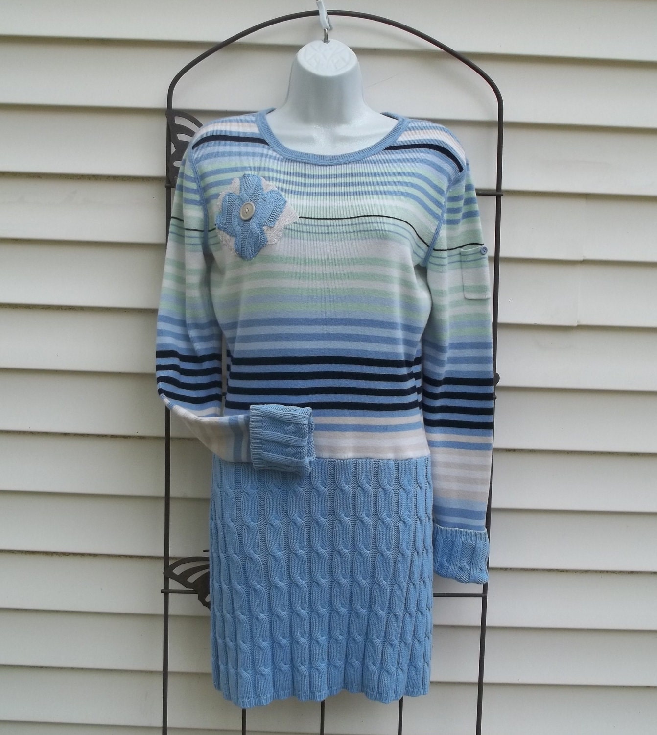 Upcycled Sweater Dress Altered Refashioned Cable Knit Blue Green White Striped Size M L