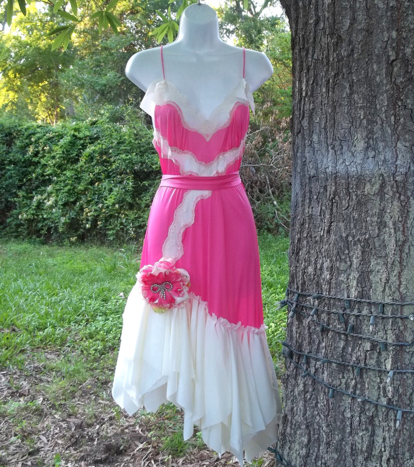 Upcycled Slip Dress Altered Refashioned Repurposed Vintage Shabby Tattered Boho Romantic Pink Wedding Bridesmaid Size M