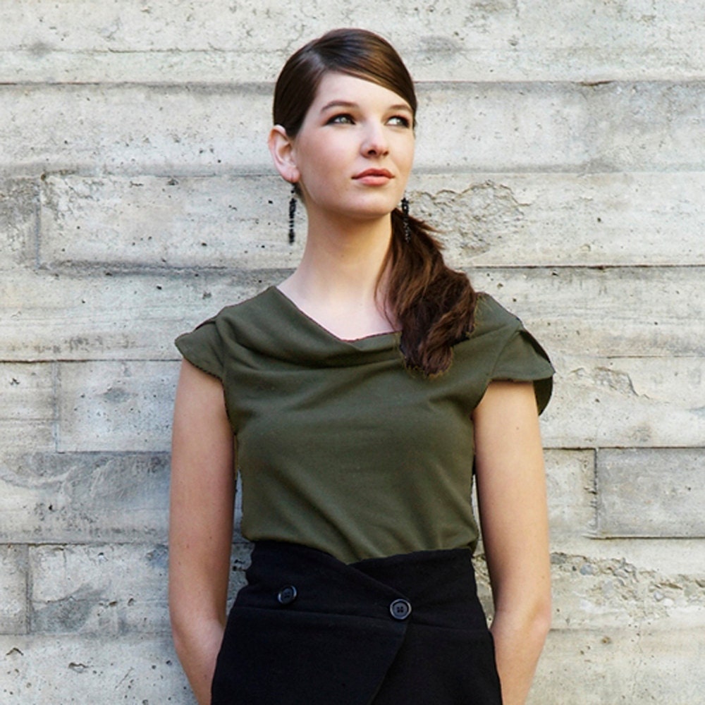 Olive green organic cotton cowl neck blouse with short sleeve detail - Florence Top with Petal Sleeve - made to order