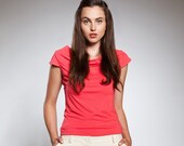 Bright spring fashion cowl neck blouse with half-length sleeves in geranium pink - Florence Top - ready to ship